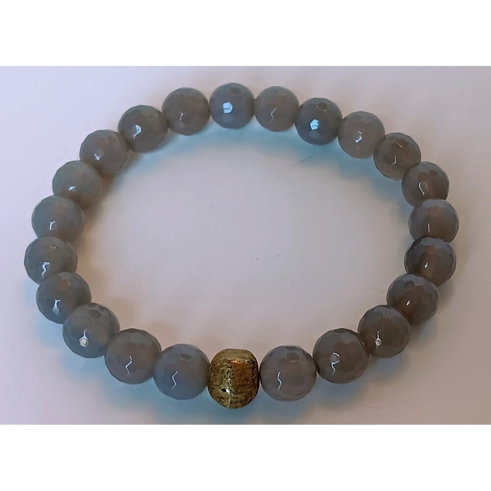Beautiful Round Beaded Gray Agate Stretch Bracelet With Gold Toned Accent Bead 6
